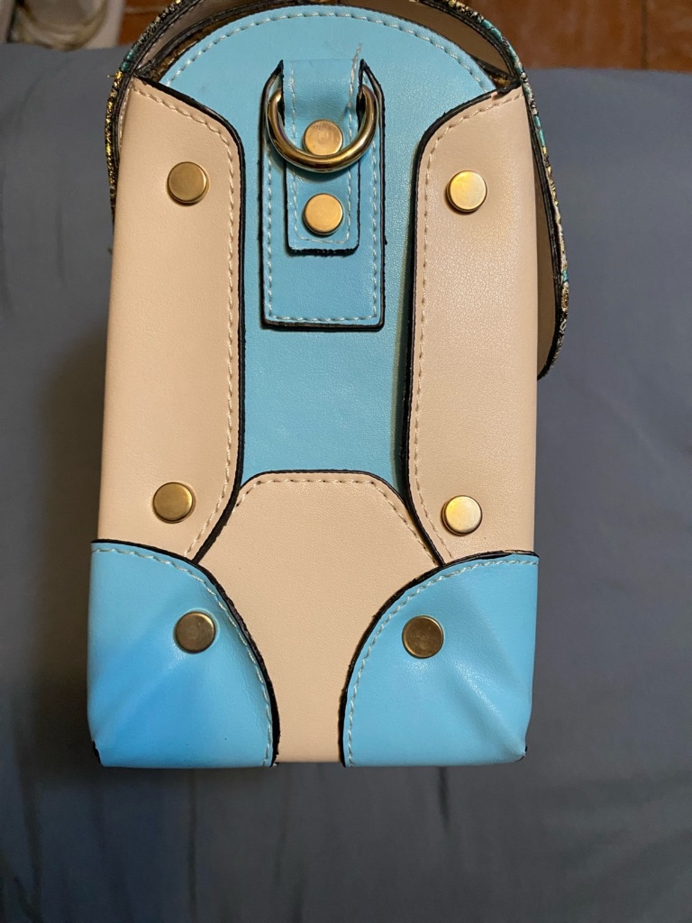 Cream and Turquoise Top-Handle Satchel with Patterned Flap - Picture 3 of 13